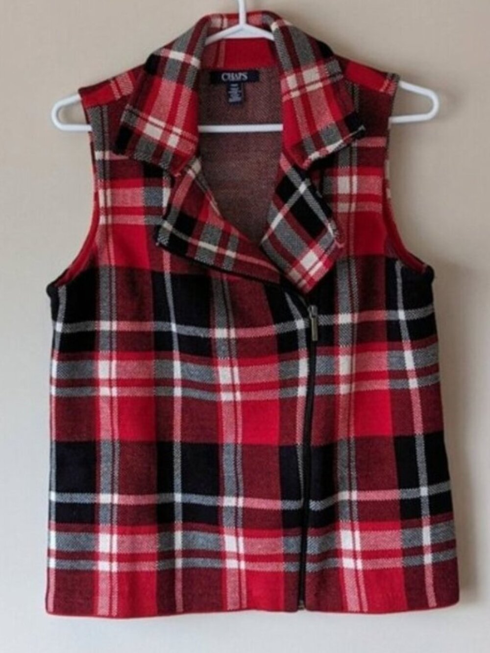 Chaps 100% cotton plaid knit asymmetrical zip vest